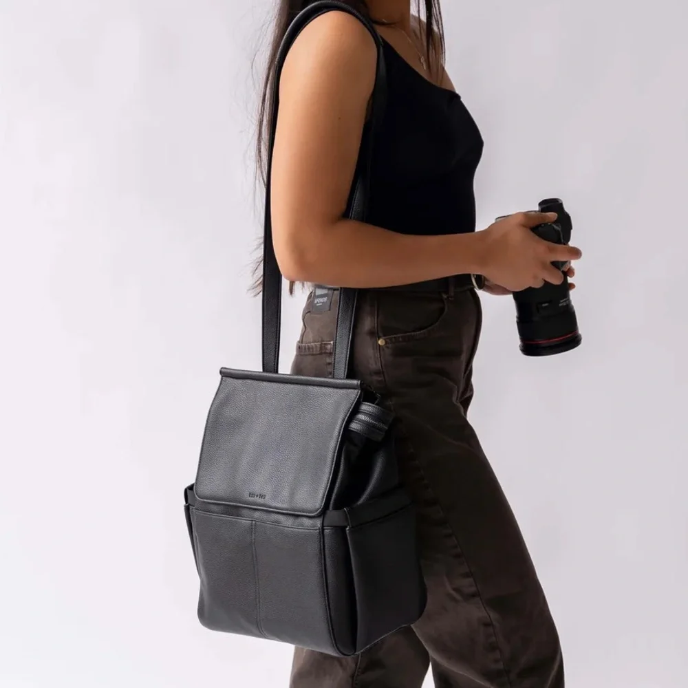 Black Leather Camera Backpack Bag - Stylish Photo & Video Case